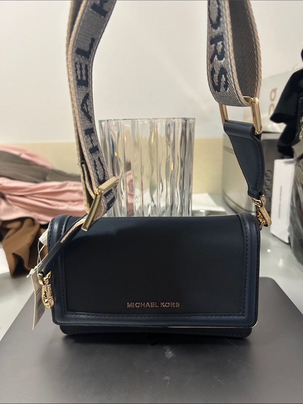 Michael Kors Navy Leather Crossbody with Branded Canvas Strap